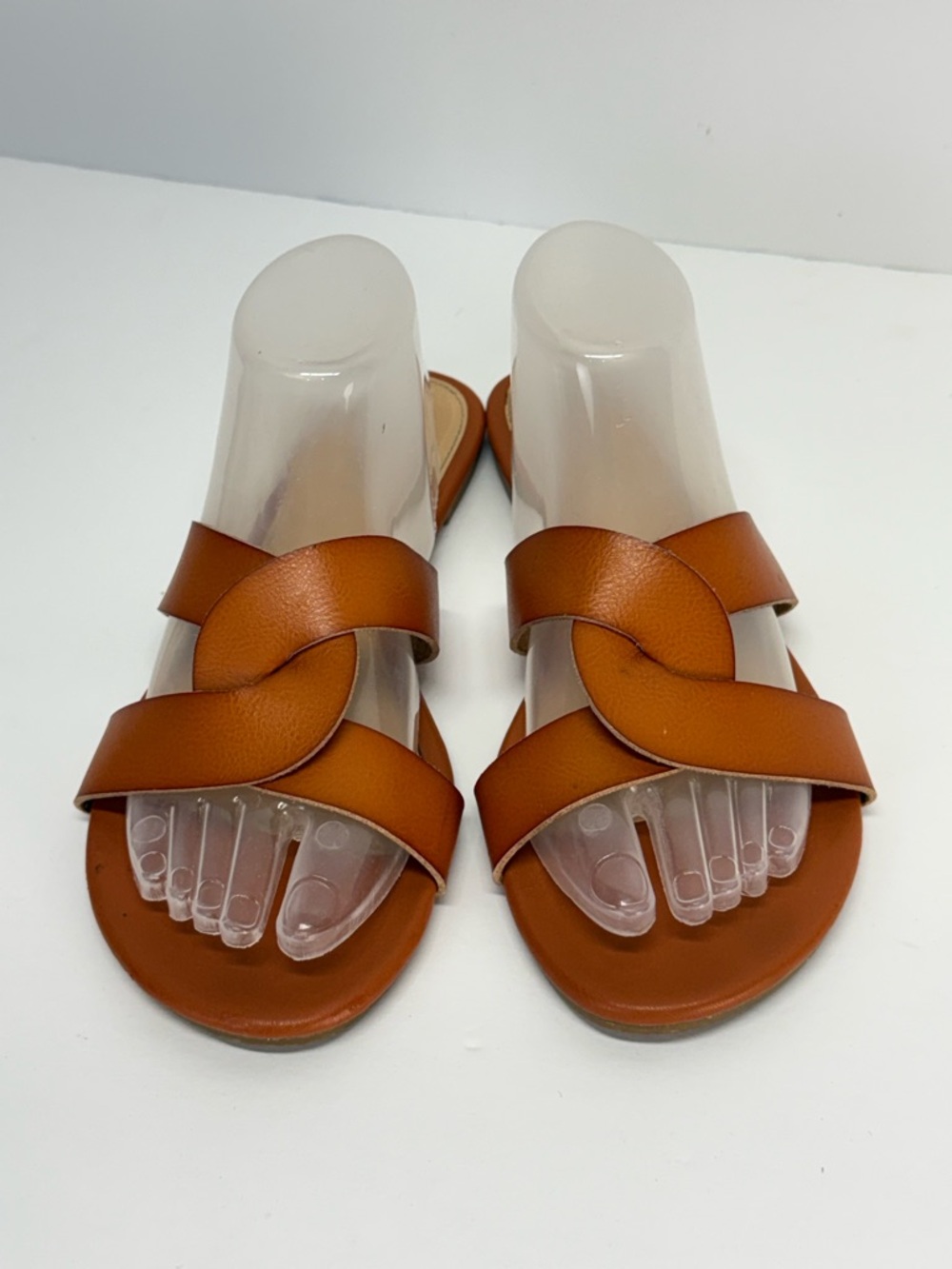 FITORY Women’s Tan leather cross Strap Slide Sandals size 8